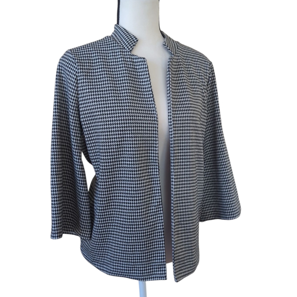Rose + Olive Houndstooth Notch Mandarin Collar Open Front Blazer S Black White